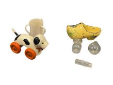 MINIATURE VINTAGE COLLECTIBLES INCLUDING FRANCE SOUVENIR CLOG, SOUVENIR CUP, BOTTLE, PULL DOG
