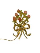 GOLD PLATED CARVED CORAL ROSE AND PERIDOT FLORAL BOUQUET BROOCH