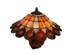 DALE TIFFANY IRIDESCENT STAINED GLASS LAMP WITH CERAMIC QUAD-HANDLED LAMP BASE
