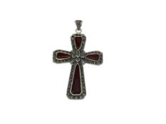 STERLING SILVER SYNTHETIC RED STONE AND MARCASITE CROSS PENDANT