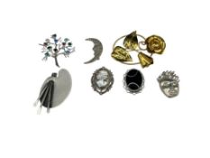 SEVEN STERLING SILVER BROOCHES INCLUDING SOME DESIGNER SIGNED AND ONE FROM FRANCE
