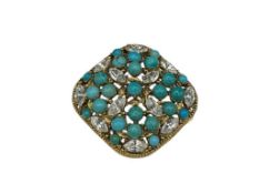 GOLD PLATED CABOCHON TURQUOISE AND MARQUISE CUBIC ZIRCONIA BROOCH