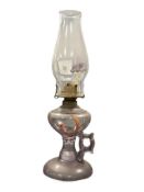 19TH CENTURY SUN-PURPLED KEROSEEN FINGER OIL LAMP WITH LA BASTIE CLEAR GLASS CHIMNEY