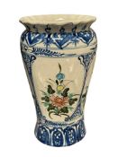 VINTAGE TALL CERAMIC HAND PAINTED VASE WITH FLORAL DESIGN AND DECORATIVE SCOLL STYLE BORDERS