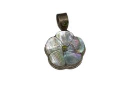 SIGNED STERLING SILVER CARVED MOTHER OF PEARL FLOWER AND PERIDOT BEAD PENDANT