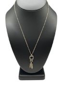 STERLING SILVER ONYX AND FEATHER DANGLE PENDANT NECKLACE