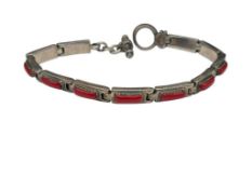 VINTAGE STERLING SILVER RED CORAL PANEL LINK BRACELET WITH TOGGLE CLASP