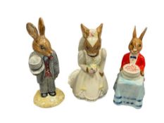 ROYAL DOULTON BUNNYKINS GROOM AND BRIDE AND HAPPY BIRTHDAY BUNNY FIGURINES