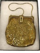 WHITING AND DAVIS 2960 ART DECO GOLD METAL MESH EVENING BAG WITH RHINESTONE CLASP AND ROPE HANDLE
