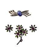 VINTAGE CORO STERLING SILVER BROOCH WITH BLUE RHINESTONE AND GREEN AND PINK RHINESTONE FLOWER SET