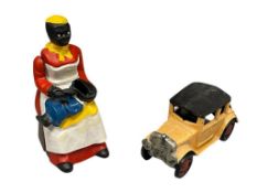 REPRODUCTION CAST IRON BLACK AMERICANA MECHANICAL COIN BANK AND CAST IRON AUTOMOBILE
