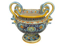 LARGE ITALIAN POTTERY SERPENTINE MAJOLICA CENTERPIECE JARDINIERE WITH VIBRANT COLORS