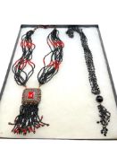 FASHIONABLE BLACK BEAD STATEMENT NECKLACES INCLUDING ONE WITH RED BEAD ACCENTS