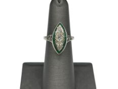 VINTAGE 18K WHITE GOLD DIAMOND AND EMERALD MARQUISE SHAPED FASHION RING