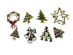 EIGHT RHINESTONES AND ENAMELED CHRISTMAS HOLIDAY BROOCHES