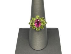 STERLING SILVER PINK SPINEL AND PERIDOT COCKTAIL RING