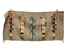 VINTAGE NAVAJO NATIVE AMERICAN WOOL WEAVING RUG FEATURING YEI-BEI-CHEI DANCERS AND CORN CROP
