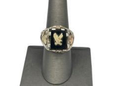 BLACK HILLS GOLD STERLING SILVER AND 10K GOLD ACCENTED EAGLE RING WITH ONYX