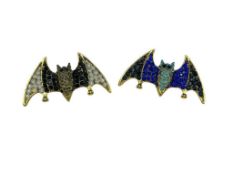 TWO BEJEWELED COSTUME JEWELRY BAT BROOCHES FEATURING BLACK AND VIBRANT BLUE RHINESTONES