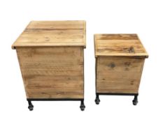 TWO RUSTIC DESIGN BEE BOX STORAGE ENDTABLES WITH METAL LEGS