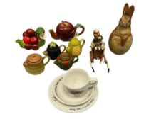 CERMAIC FOLK ART FRUIT AND VEGETABLE SHAPED MINIATURE TEAPOTS AND FIGURINES