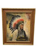 A. BINIARZ ARTIST ANTIQUE ORIGINAL OIL ON CANVAS NATIVE AMERICAN CHIEF PORTRAIT