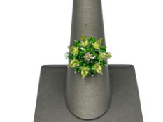 STERLING SILVER CHROME DIOPSIDE AND PERIDOT FLOWER CLUSTER RING