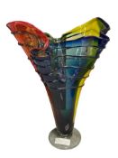 LARGE MULTI-COLOR HANDBLOWN ART GLASS NAPKIN RUFFLE VASE WITH ROUND CLEAR BASE