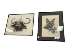 1970, 1979 LORAINNE SHARPLES AFRICAN GAME SERVAL CAT AND AFRICAN BUFFALO ANIMAL PORTRAITS