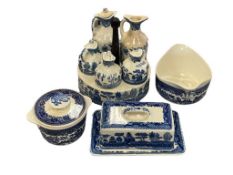VINTAGE JAPANESE BLUE WILLOW CHINA CUET SET, COVERED BOWL, BUTTER DISH, AND BOWL