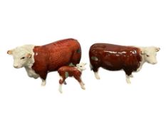 VINTAGE BESWICK HEREFORD BULL, COW, AND CALF CHAMPION OF CHAMPIONS HAND PAINTED CERAMIC FIGURES