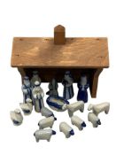 DAVID ELDRETH 17 PIECE SALT GLAZED POTTERY NATIVITY SET WITH WOOD STABLE