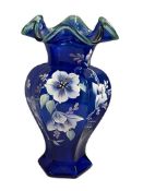 FENTON 75TH ANNIVERSARY COBALT BLUE HEXAGONAL VASE WITH HAND PAINTED MORNING GLORY FLORAL THEME