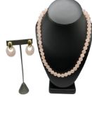 ROSE QUARTZ BEAD NECKLACE AND DANGLE EARRINGS WITH GOLD TONE OMEGA CLIP-BACKS