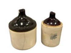 ANTIQUE TWO-TONE BROWN STONEWARE POTTERY JUGS ONE IS MADE BY WESTERN STONEWARE