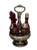 LATE 1800'S ACID ETCHED PIGEON BLOOD CUT TO CLEAR CRUET SET