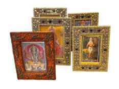 FIVE ELABORATE DECORATED INDIA PICTURE FRAMES WITH ART OF DEITIES