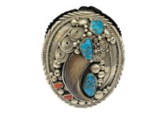 VINTAGE NAVAJO ARTIST SIGNED JACKIE SINGER STERLING SILVER BEAR CLAW, TURQUOISE, AND CORAL BOLO C...