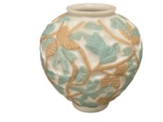 1930'S ART DECO WHITE SATIN AND PINE CONE PHOENIX / CONSOLIDATED GLASS CO. FLOWER BOWL / VASE