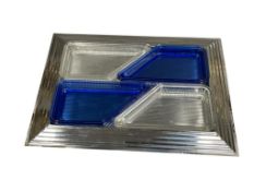 NORMAN BEL GEDDES FOR REVERE CHROME FINISH ART DECO DISH WITH CLEAR AND COBALT GLASS INSERTS