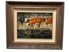JAY SCHMIDT MONTANA / CALIFORNIA ARTIST ORIGINAL OIL ON BOARD PERKINS, HEREFORDS CATTLE #727