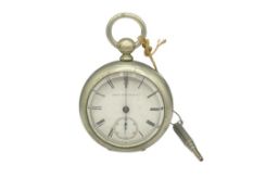1877 ELGIN 11 JEWELS OPEN FACE POCKET WATCH IN SILVEROID CASE