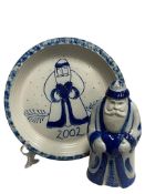 2002 DAVID ELDRETH SALT GLAZED FOLK ART POTTERY FATHER CHRISTMAS FIGURINE AND PIE PLATE