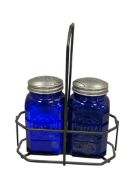 VINTAGE COBALT BLUE GLASS SALT AND PEPPER SHAKERS WITH METAL WIRE CADDY