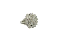 14K WHITE GOLD DIAMOND CLUSTER COCKTAIL RING FEATURING 23 ROUND BRILLIANT CUT DIAMONDS