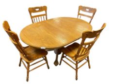 OAK PEDESTAL CLAW FOOT DINING TABLE WITH LEAF PLUS FOUR PRESSED BACK OAK CHAIRS