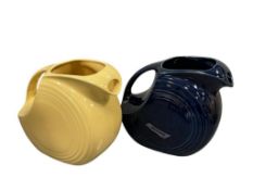 VINTAGE HOMER-LAUGHLIN / FIESTA CERAMIC DISC PITCHERS IN YELLOW AND COABLT IN COLOR