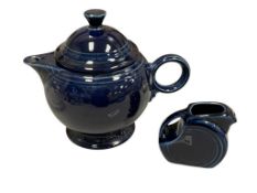 RETIRED FIESTA COBALT BLUE TEAPOT WITH RING HANDLE AND COBALT BLUE MINI DISC PITCHER