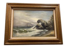 MARKE E. HUNTINGTON LATE 19TH CENTURY OIL ON CANVAS SEASCAPE MOUNTED ON MASONITE BOARD