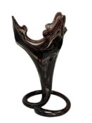 VINTAGE AMETHYST AND CLEAR SWIRL ART GLASS VASE WITH COILED BASE POSSIBLY MURANO